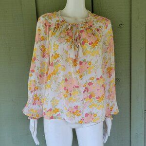 JOIE Yellow Orange Floral Tassel Tie Top Large L
